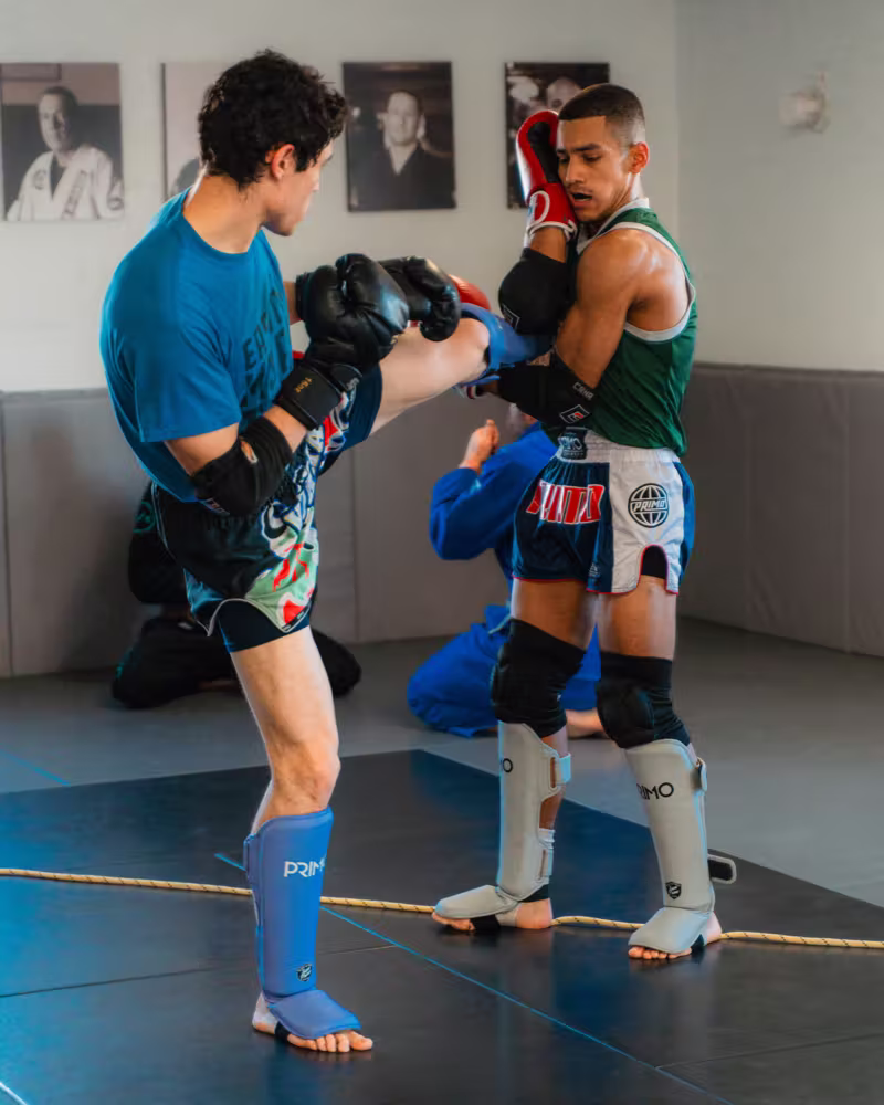 Muay Thai sparring partners in shin guards at Easton Littleton