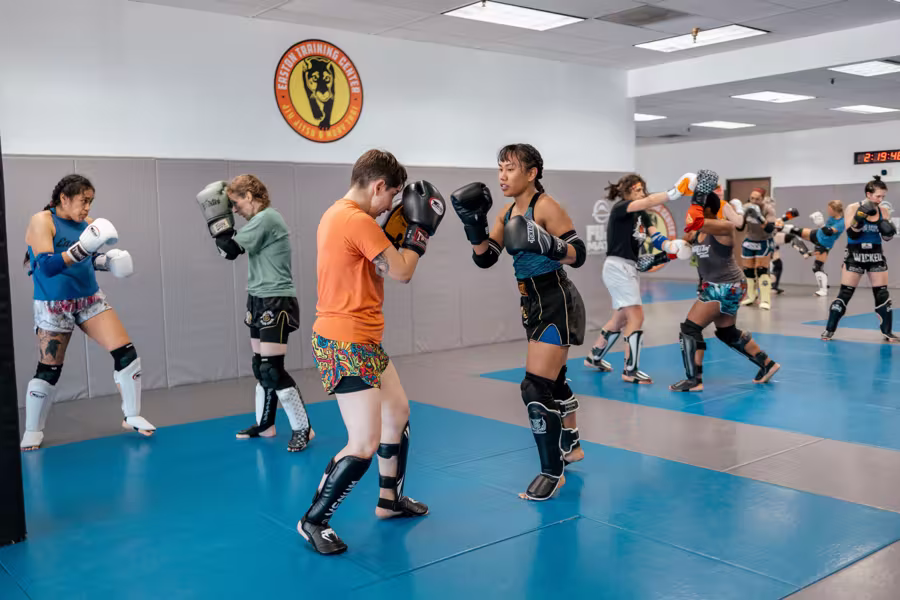 Two women squared off with their guards up on an all-women’s sparring day at Easton