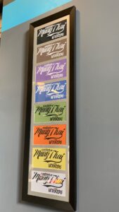 a framed display with the Easton Muay Thai ranking system of shirts in order. White is at the bottom, Yellow above that, followed by orange, green, blue, purple, brown, and black.