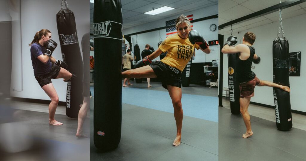 collage of 3 photos: round kicks on the heavy bag