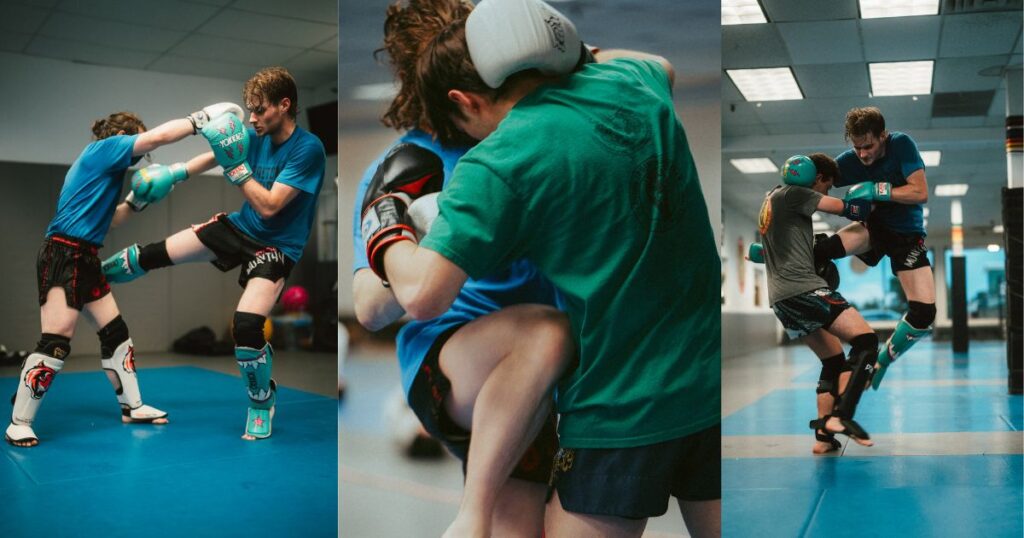 collage of balance in muay thai sparring