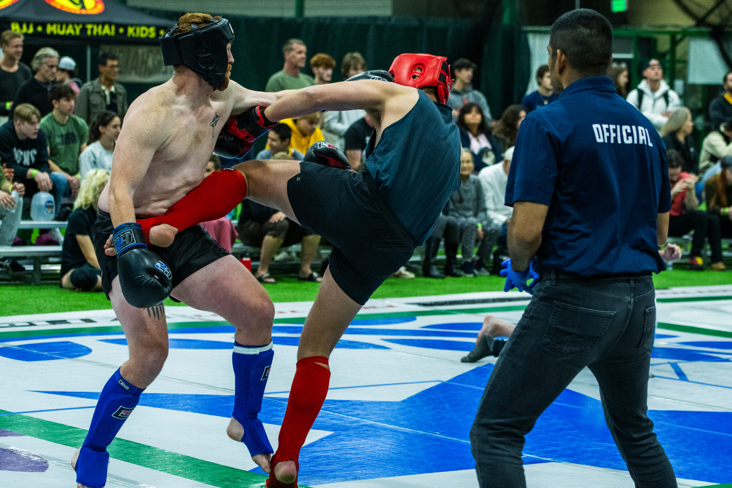 Muay Thai fighters wearing headgear