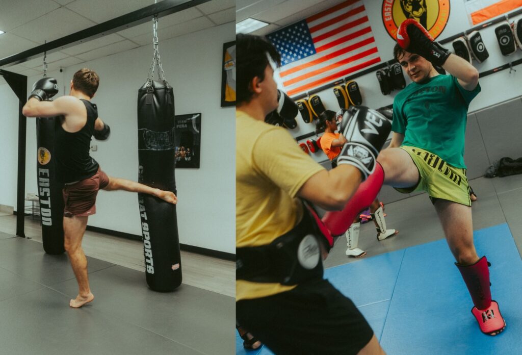 Collage of two Muay Thai images. One man kicks a heavy bag and another man teeps a training partner wearing a belly shield.