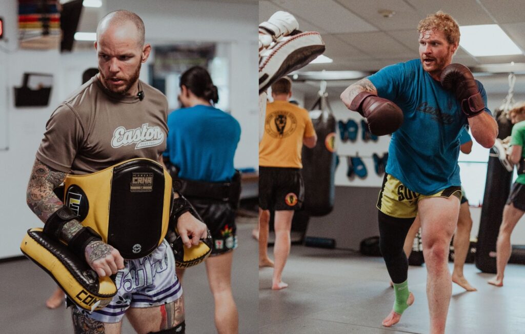Collage of two images, muay thai practitioners building confidence through training with thai pads