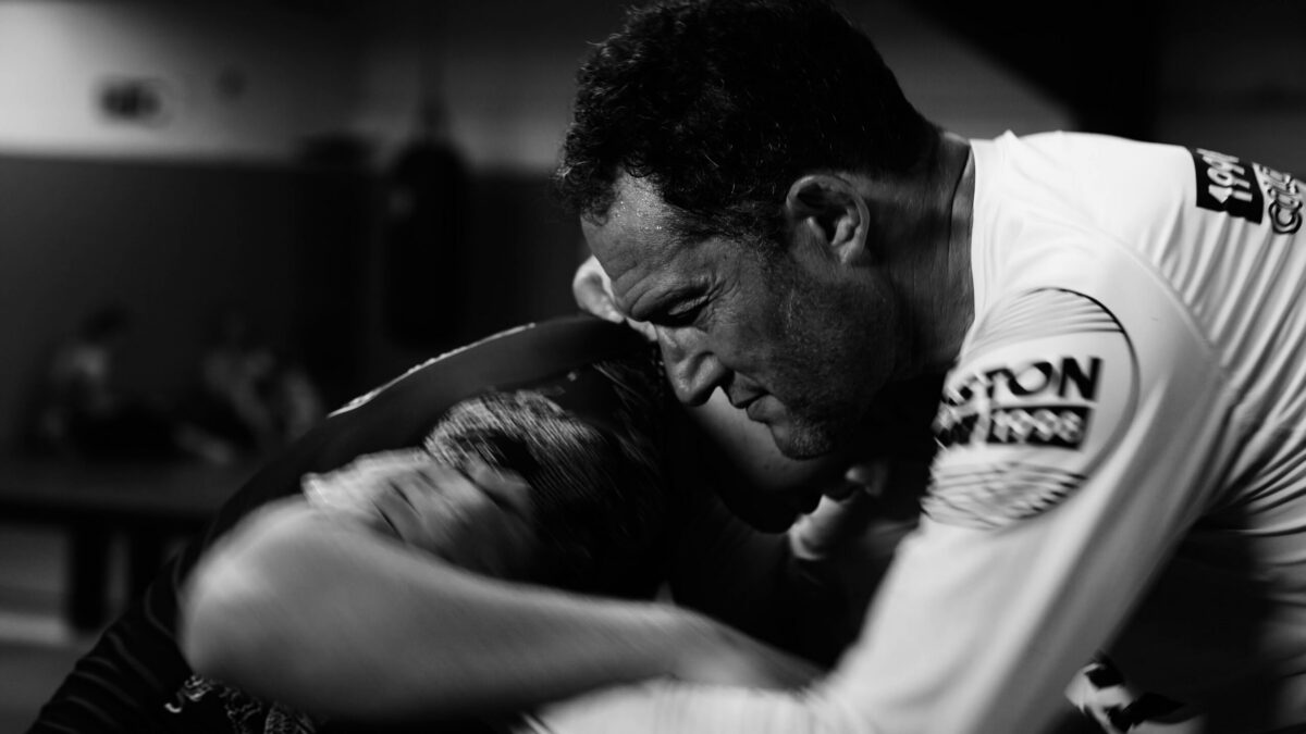 Amal Easton training BJJ in a black and white still from the Easton documentary