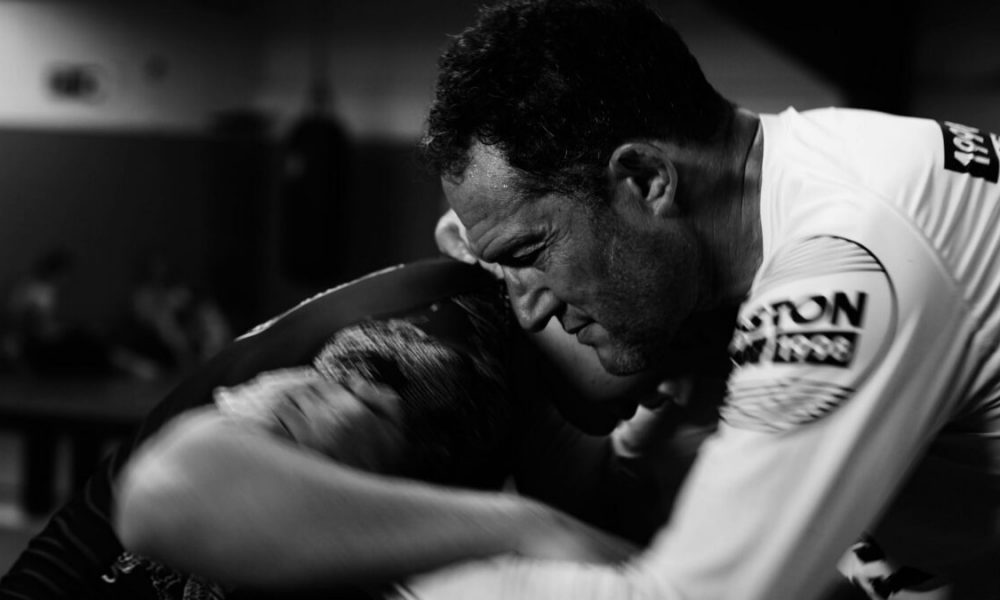 Amal Easton training BJJ in a black and white still from the Easton documentary